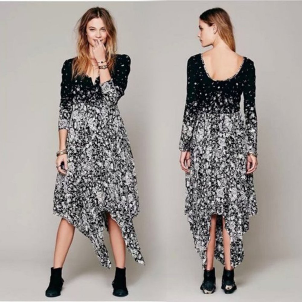 NWOT Free People XS Black White Floral Long Sleeve